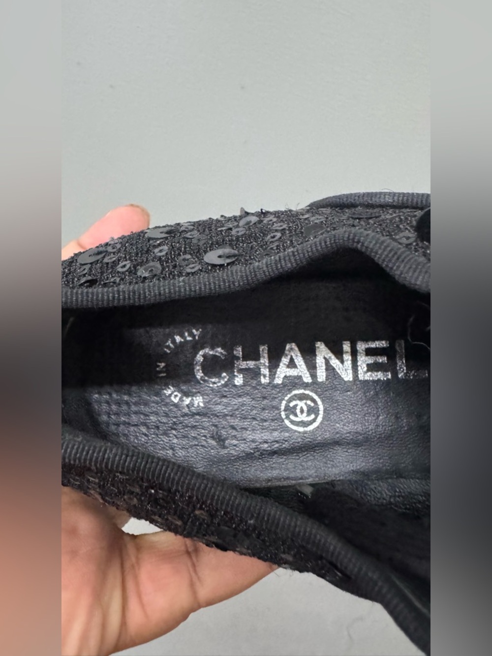 Chanel Black Tweed Sequins Lace Up Pearl Sneaker Shoes Size 37 /US 7 Auth. - Picture 8 of 10